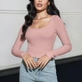 thumbnail image 2 of Women's Long Sleeve Square Neck Crop Top Knitted Slim Fitted Shirts Y2k Trendy Basic Blouse Solid Color Casual Fall Clothes (Pink XL), 2 of 6