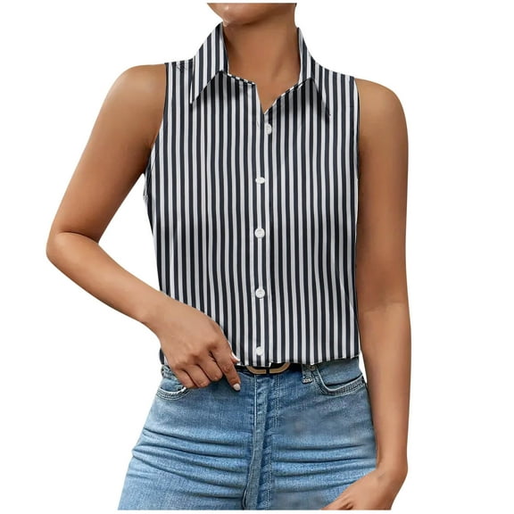 Cxenplz Collared Halter Tops for Women Sleeveless Print Turdown Tank Top Button Up Striped Blouse