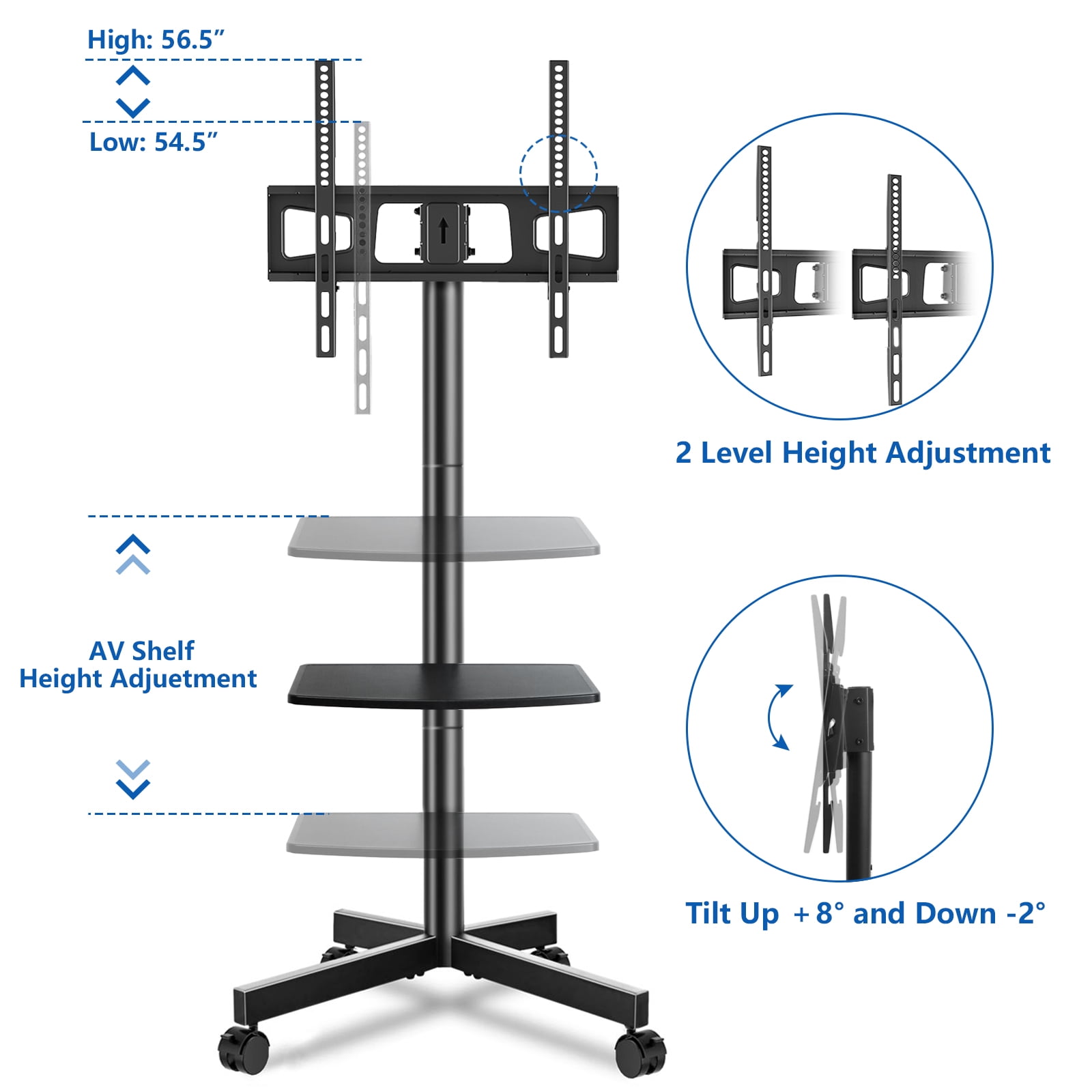 RTVR Modern Rolling TV Stand Mobile TV Cart for 32 to 65 inch Flat Panel Screens, Swivel Black
