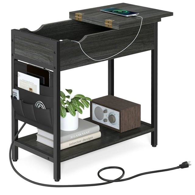 VASAGLE Table d'Appoint avec Ports USB et Prises de Courant, Table de Bout à Dessus Rabattable avec Station de Recharge, Fini Chêne Ébénisé et Noir