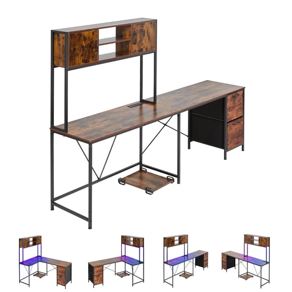 KFFKFF L-Shaped Gaming Desk with LED Lights, 62.2-inch Reversible Corner Computer Desk with Power Outlets, Adjustable CPU Stand & Storage Drawers, Modern PC Gaming Table for Home Office