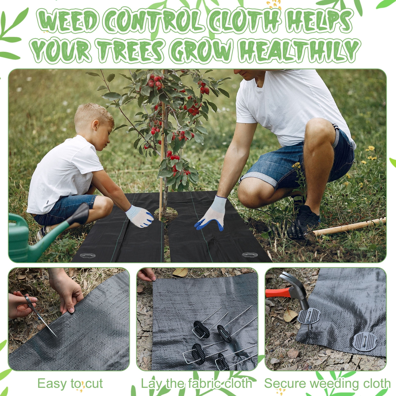 Bocaoying 20 Pcs Tree Mulch Ring Weed Barrier Mats with Stakes Gloves, Fruit Tree Protector, 10Pcs 3.3Ft Square, 10Pcs 1.6Ft Round Thickened Landscape Fabric Mats, Garden Plant Cover for Weed Control