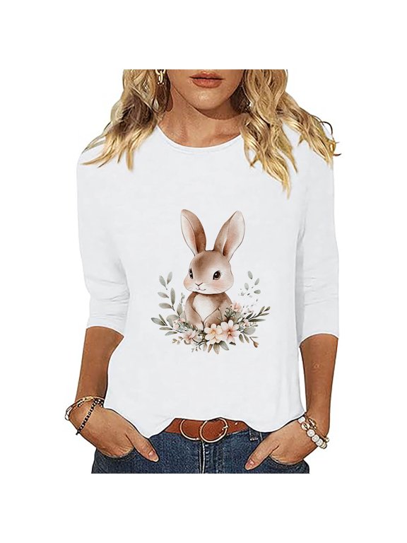 Womens Easter Shirts 3/4 Sleeve Tee Crew Neck Blouse Funny Bunny Graphic Tees Shirts Colorful Cute Holiday Tops Summer 2025