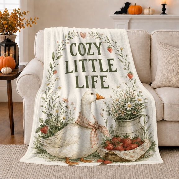 Little Life Watercolor Duck Basket Daisies Sweet Farmhouse, Cozy Bird Art Scene, Warm Flannel Blanket for Ranch House and Living Room, Bird Lovers Friendship Gift, Artistic Home Decor