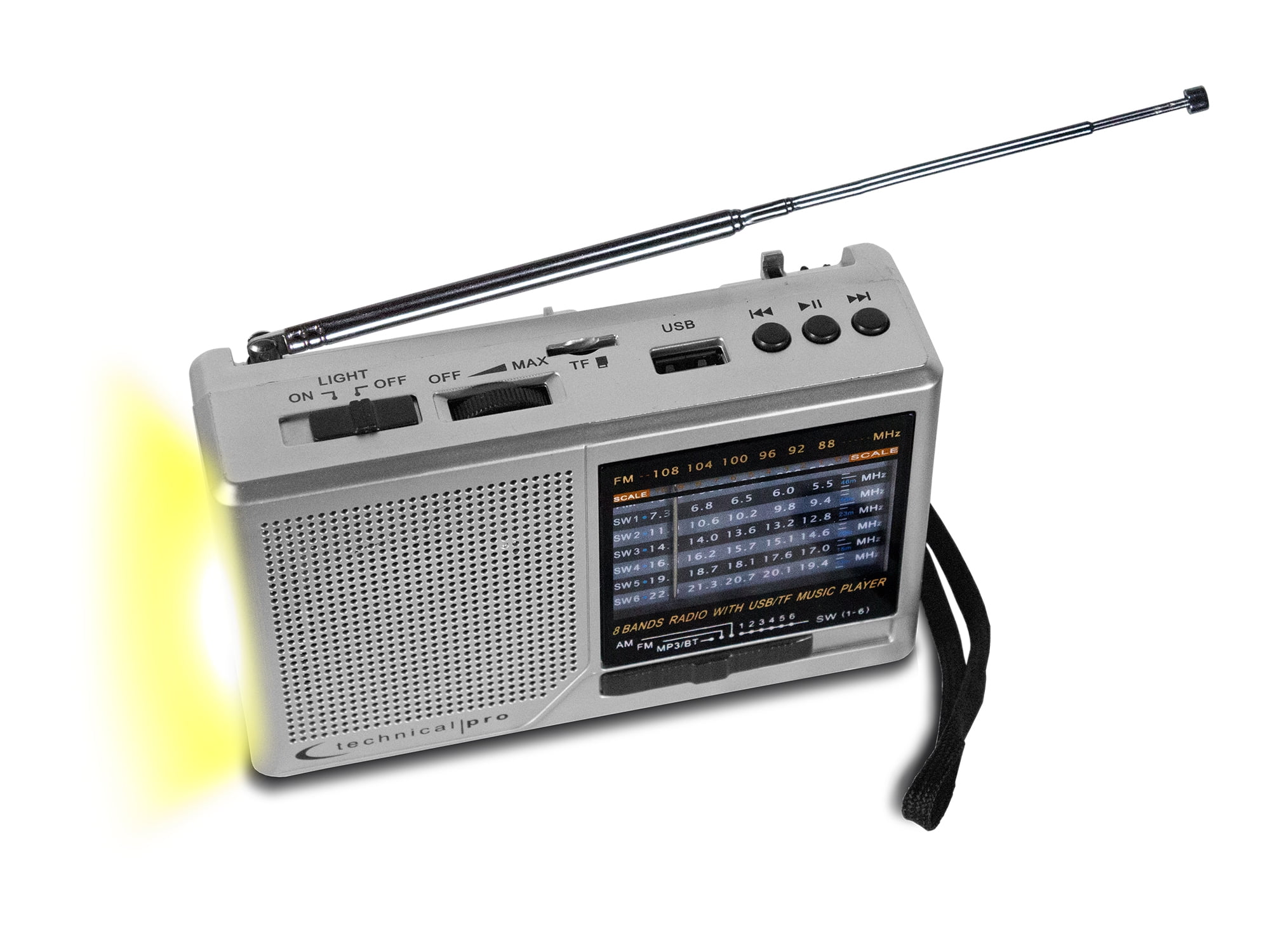 Flash Light QFX R-39 Rechargeable AM/FM/SW1-SW7 10-Band Portable Radio USB 