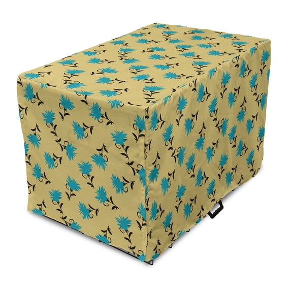 Turquoise Blue Dog Crate Cover, Abstract Pattern of Flower Petal with Peduncle, Easy to Use Pet Kennel Cover Small Dogs Puppies Kittens, 7 Sizes, Camel Dark Turquoise, by Ambesonne