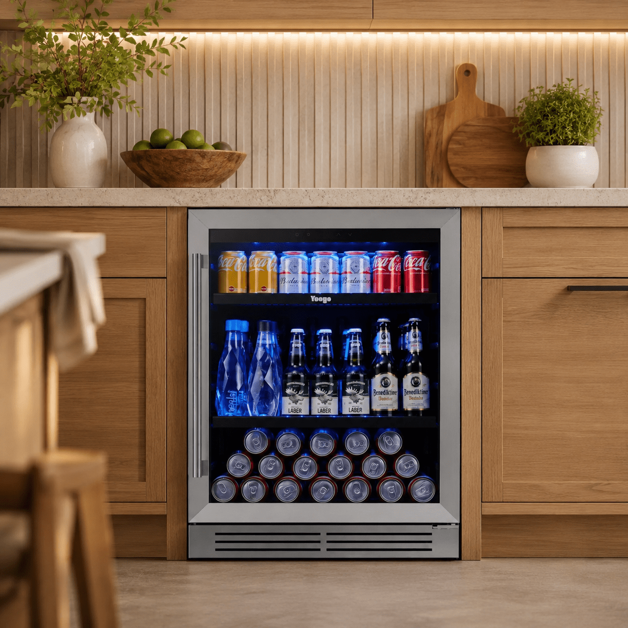 Yeego 24" Beverage Refrigerator Cooler, 190 Cans Beverage Cooler Beer Fridge with Glass Door, Built-in/Freestanding for Kitchen, Bar or Office