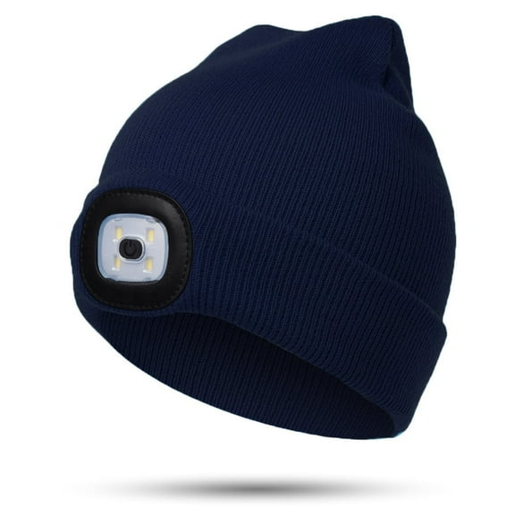 Kids LED Beanie Hat with Light, Gifts for Children Boys Girls Winter Soft Knitted Warm Lighted Hat USB Rechargeable 4 LED High Brightness Headlamp Cap (Navy Blue)