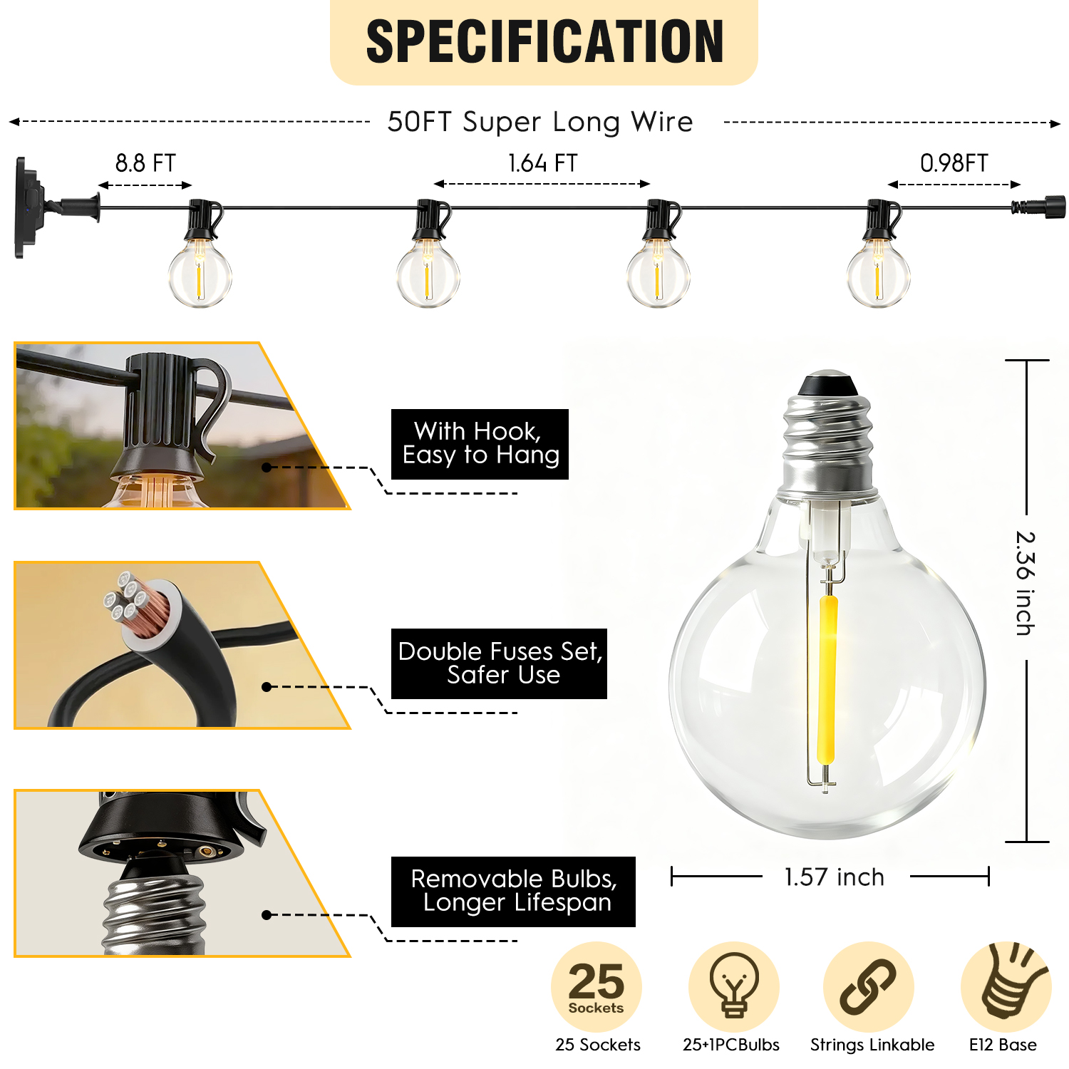 Mibote 50 Ft Solar String Lights, 25 G40 Bulbs, Warm White photo 2