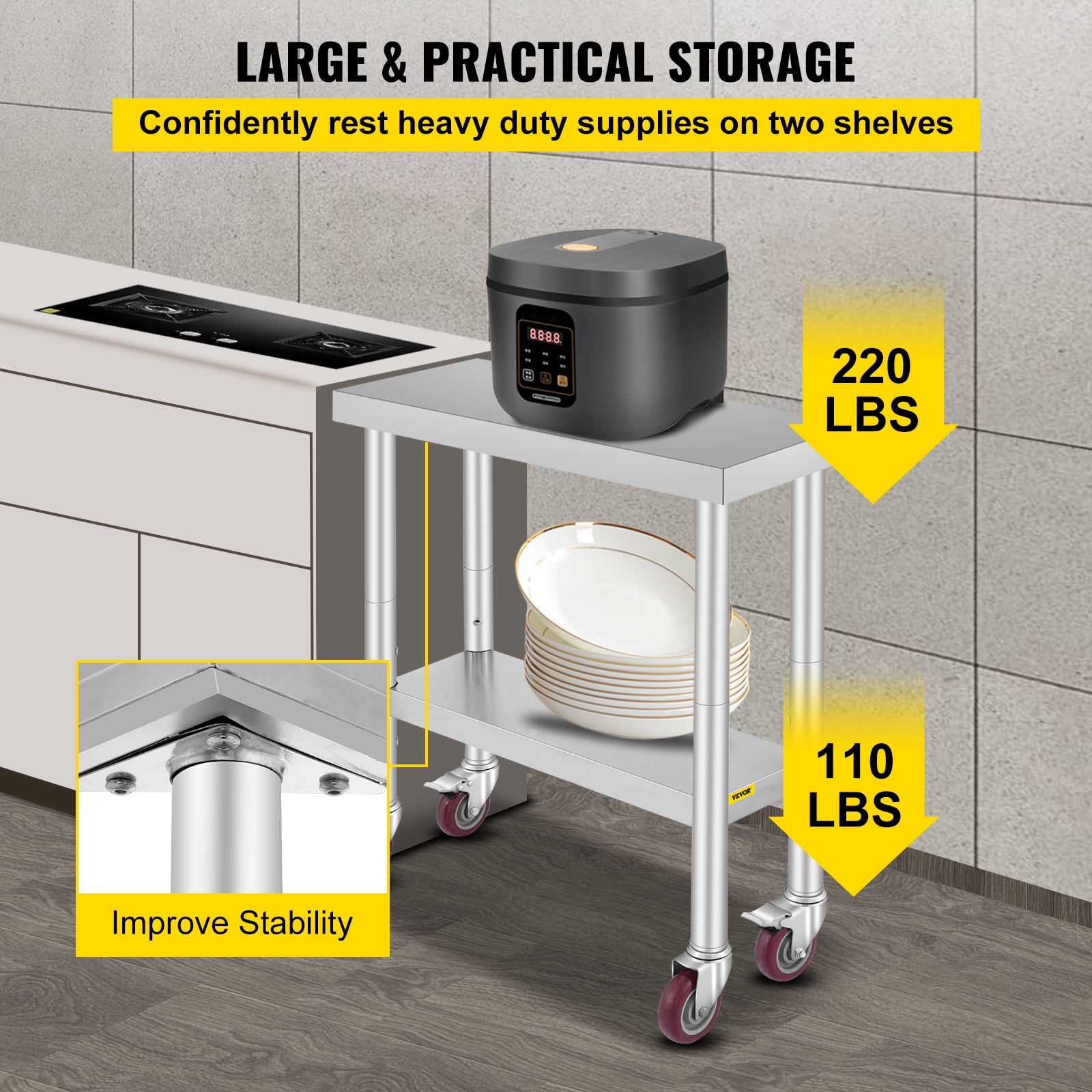 VEVORbrand 30 x 12 x 34 Inches Stainless Steel Work Table 3-Stage Adjustable Shelf with 4 Wheels Heavy Duty Commercial Food Prep Work Table with Brake for Kitchen