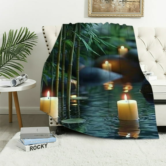 Autua Zen Fleece Blanket Zen Stones Sherpa Blanket Green Botanical Woodland Tree Throw Blanket Nature Landscape Rivers Candle Plush Bed Blanket for Kids Teen Adults Bed 40x50in