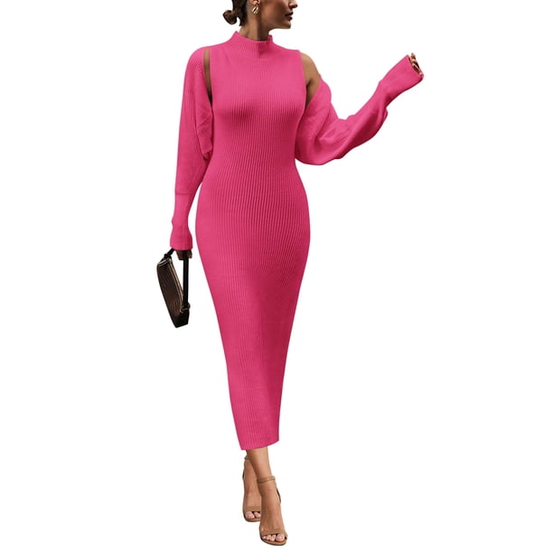 Conjunto de Dos Piezas para Mujer PRETTYGARDEN Vestido Maxi de Punto Rojo Rosa Talla M