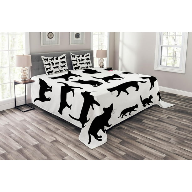 Cat Bedspread Set, Black Cat Silhouettes in Different Poses Domestic Pets Kitty Paws Tail and