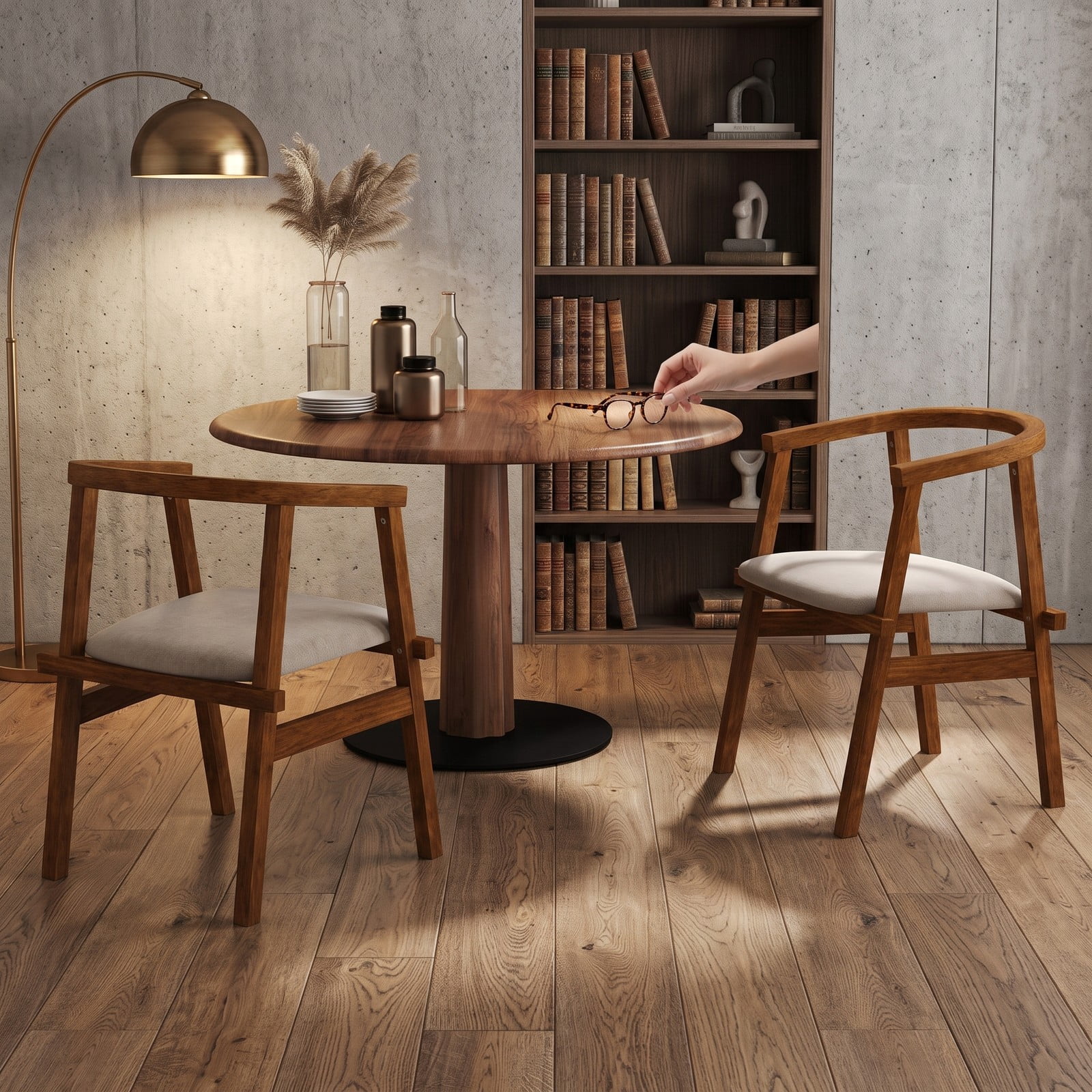 Furnibear Set of 2 Solid Rubber Wood Dining Chairs, Upholstered Wrap-Around Armrest Kitchen Side Chairs with Curved Backrest for Home Dining Room, Walnut & Beige