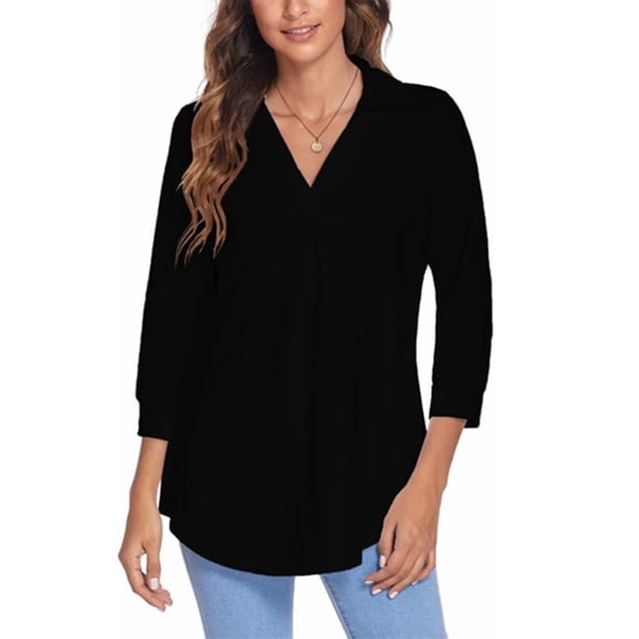 LUXUR Haut Femme Ample Tunique Chandail Manches 3/4 Chemise Col en V Blouse Noir 2TG
