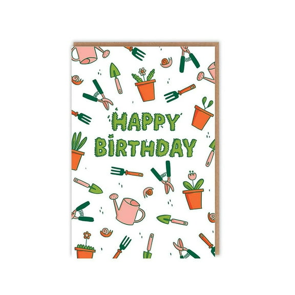 Happy Birthday Card with Gardening Theme - Fun Illustrated Design Featuring Plants and Tools - Perfect for Garden Lovers - Quick Delivery in a Protective Envelope