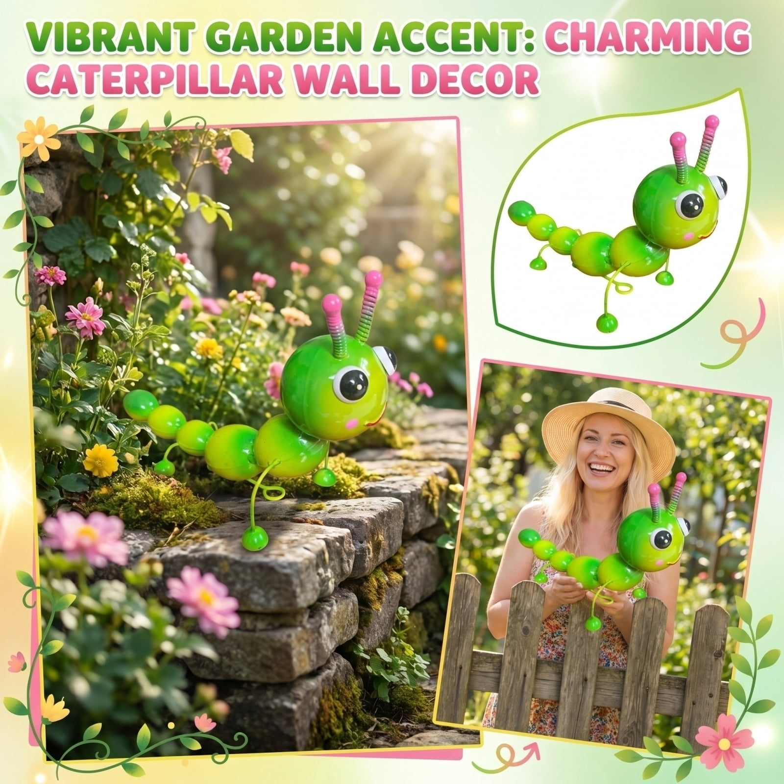 Cute Caterpillar Metal Garden Statues Outdoor Art, Green Insect Lawn Ornaments for Backyard Patio Decorations, Yard Art Garden Decor for Outside Patio Lawn Ornaments Fence Decoration
