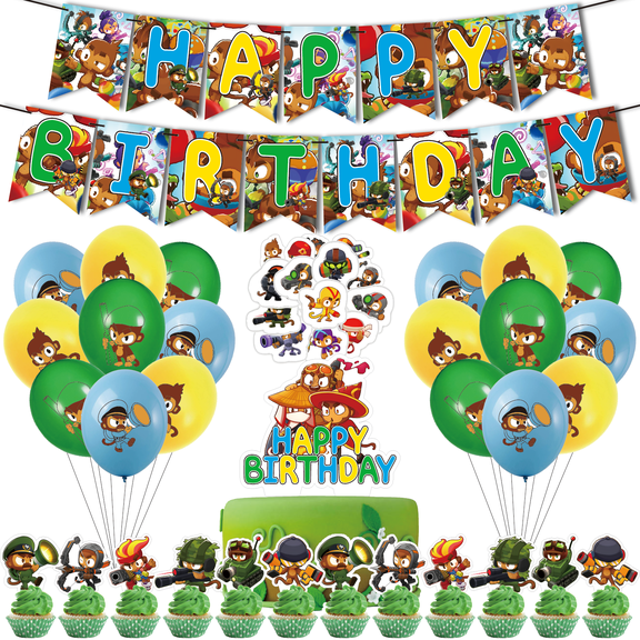 82PCS For Bloons TD 6 Theme Birthday Party Decorations,Party Supply Set for with 50 Stickers,1 Happy Birthday Banner Garland,18 Balloons,13 Cupcake Toppers