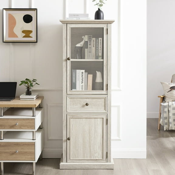 Glass Door Cabinet For Storage - White, Suits Living Room, Kitchen, Dining Office With Shelves And Enhances Room Look