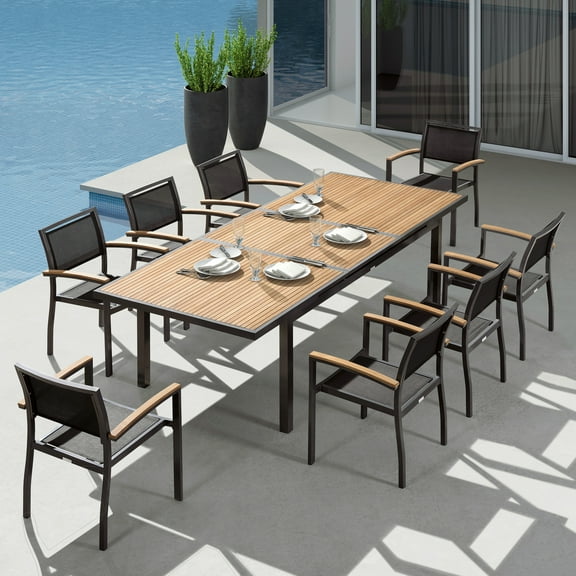 Heck 9 Pieces Patio Dining Sets With FSC Teak Wood Extendable Outdoor Table with Stackable 8-set ArmChairs, Space Alu Frame