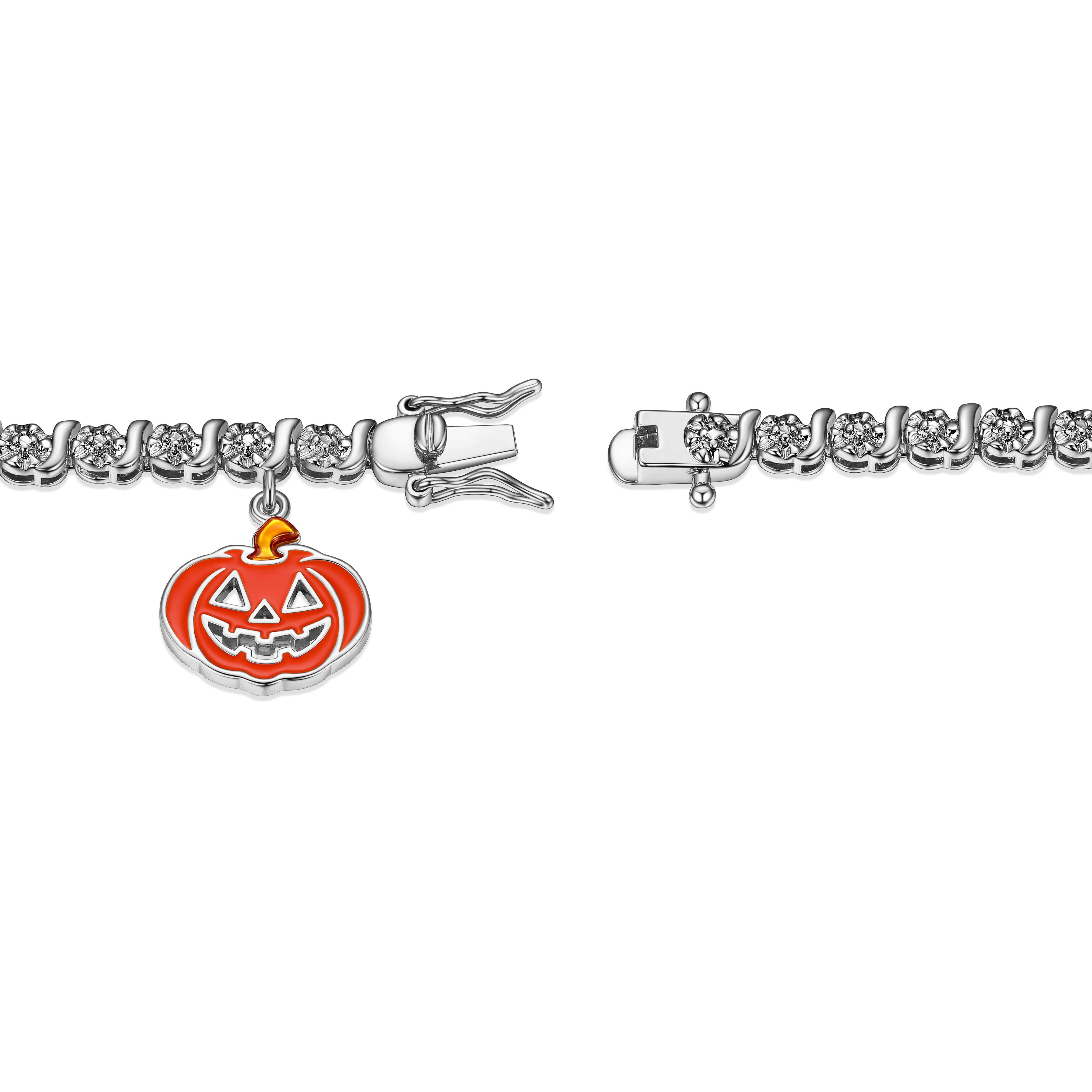 Fine Silver Plated Diamond Accent "S" Link Tennis Bracelet With Enamel Halloween Pumpkin Charm 7.25"