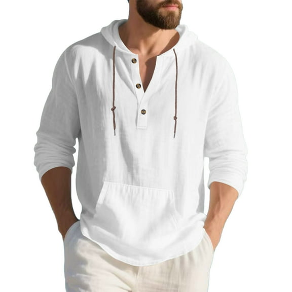 Men's Hooded Pullover Half Button Drawstring Long Sleeve Linen Henley Shirts Lightweight Casual Beach Blouse With Pocket (XL, White)