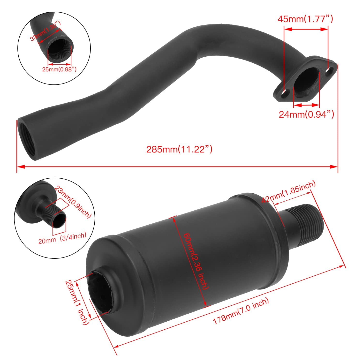 Exhaust Pipe Muffler Silencer Kit for Non Hemi Predator 212cc 196cc 6.5hp Coleman Powersports KT196 CK196 RTK200 BK200 Go Kart TrailMaster Hammerhead 80T GX160 GX200 Clone Parts Black