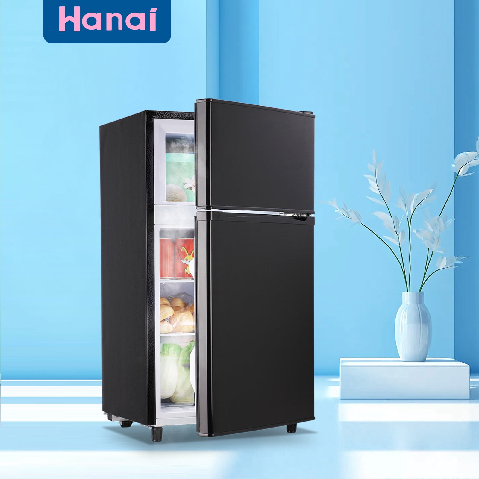WANAI 3.5 Cubic feet Small Refrigerator with Freezer on Top Double Door Mini Fridge New Black