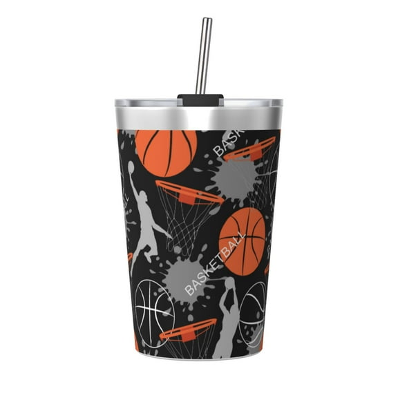 PAYOHTO Basketball Game Pattern Insulated Stainless Steel Tumbler 12 oz Thermos Come with Straw Kids Leak-Proof Travel Mug Cup
