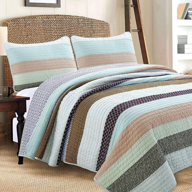 Cozy Line Home Fashions Cottage Stripe Vichy Check 100% Coton Réversible Ensemble de Literie Couvre-Lit (Bande de Nesco, Très Grand - 3 Pièces)