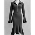 thumbnail image 3 of Women's Sweater Dresses Half Zipper Flare Sleeve Knit Dress Elegant Mermaid Dress Trendy Maxi Dress Dark Gray XL, 3 of 5