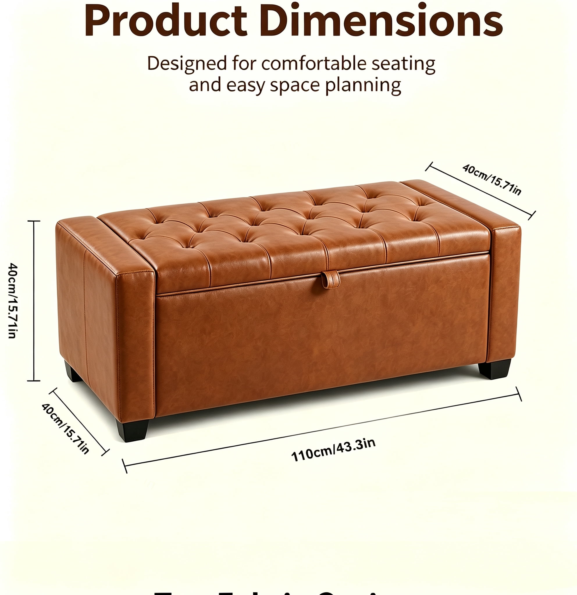 Storage Bench 43.3 Inch, Faux Leather Upholstered Ottoman Bench with Safety Hinge, End of Bed Storage Bench for Bedroom and Entryway, Brown