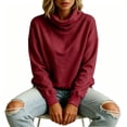 thumbnail image 6 of VEKDONE Womens Turtleneck Sweatshirt Fall Drop Shoulder Long Sleeve Sweatshirt Trendy Loose Fit Lightweight Pullover Tops Solid Color Casual Shirts Wine S, 6 of 6