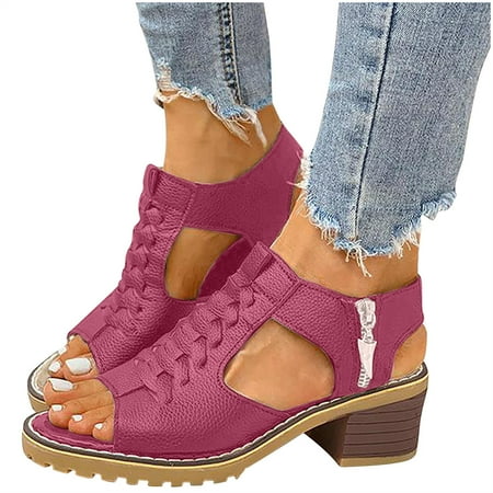 

SHENGXINY 2022 New Women s Square Heel Summer Shoes Leather Zip Gladiator Sandals Medium Heel Zip Platform Sandals High Heels 43