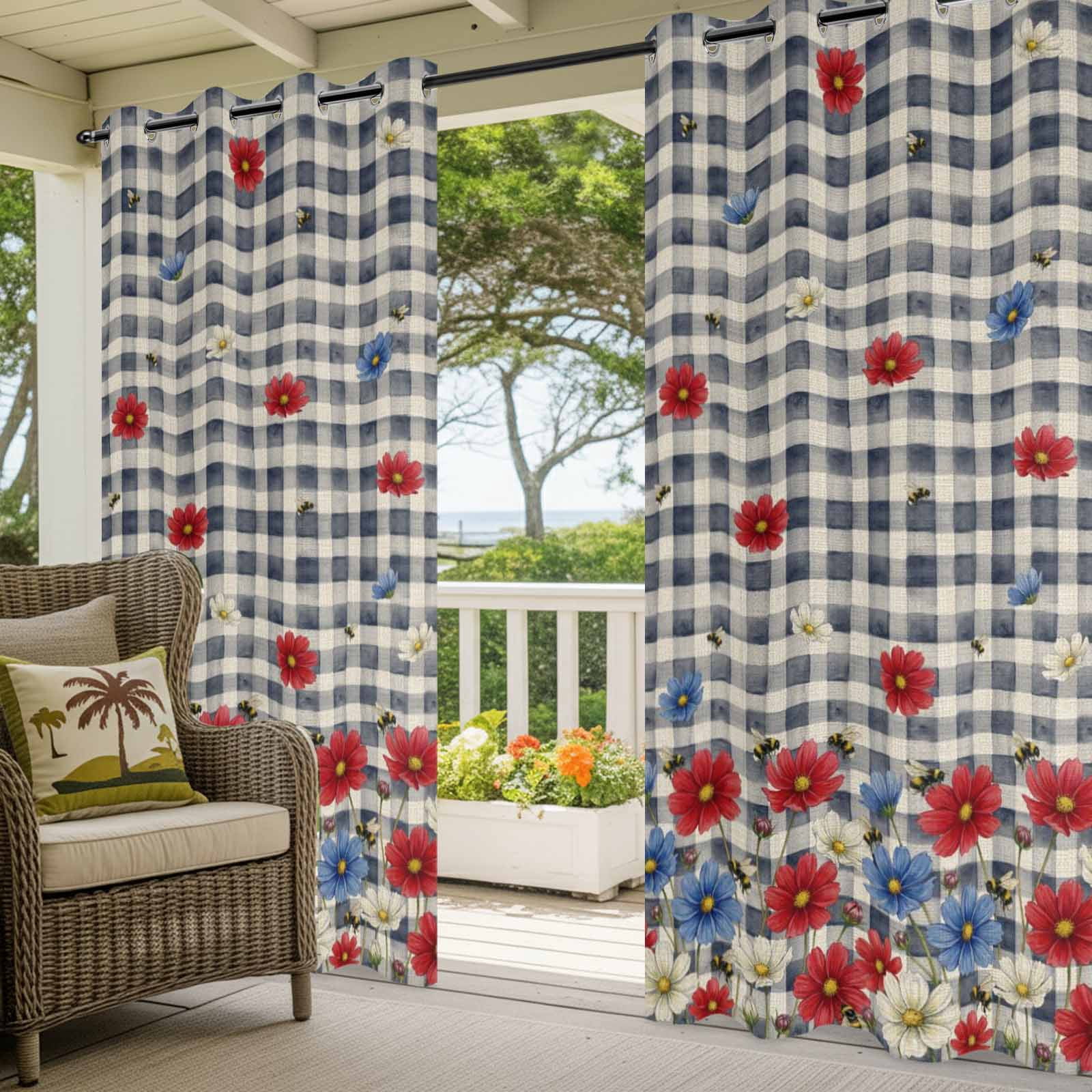 Independence Day Outdoor Curtains for Patio, Watercolor Red Blue White Daisy Farm Bee Black Plaid Sunshade Privacy Drapes Grommet Waterproof Outside Curtains for Porch Balcony 54"x108", 1 Panel