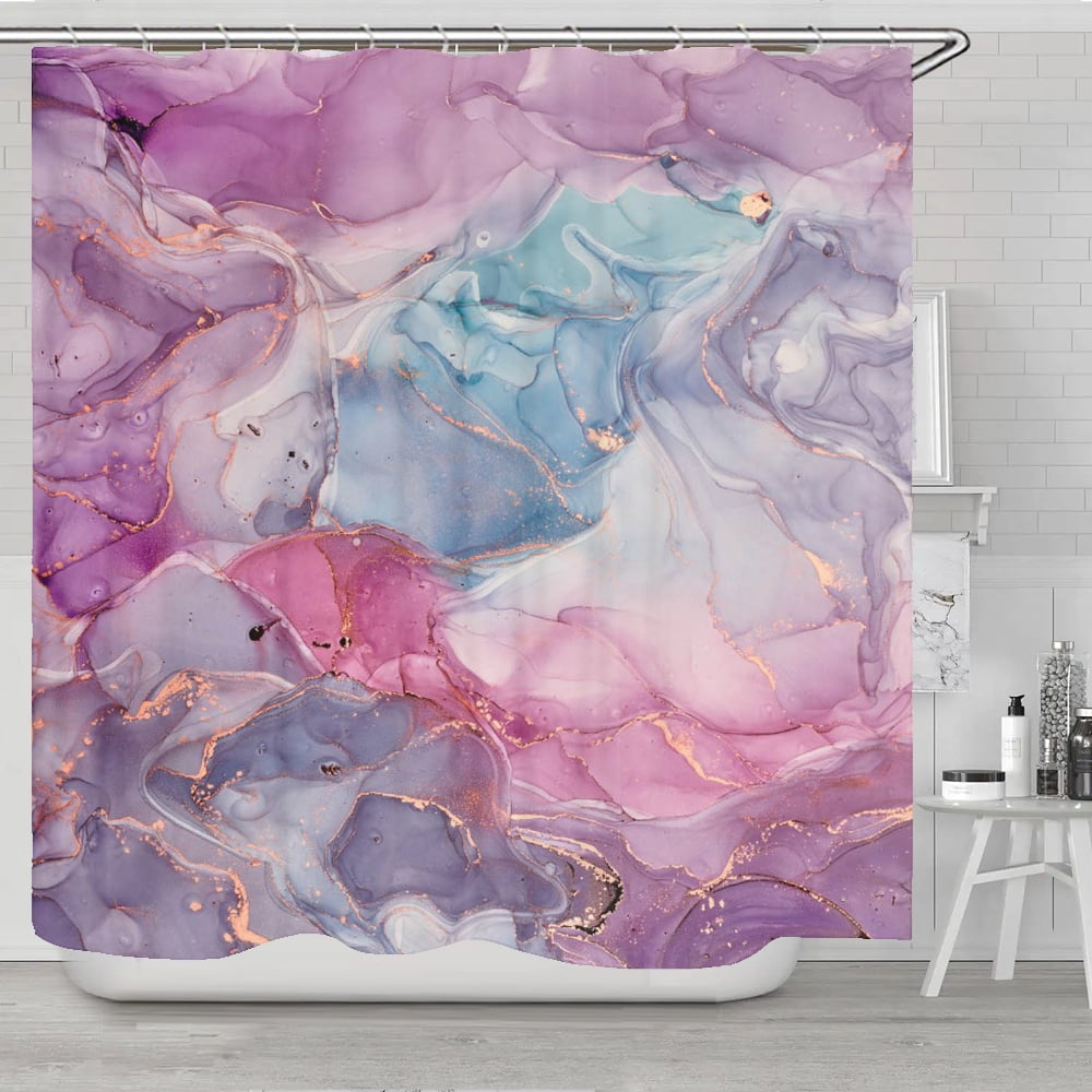 Marble Shower Curtain, Colorful Print Shower Curtain with Plastic Hooks