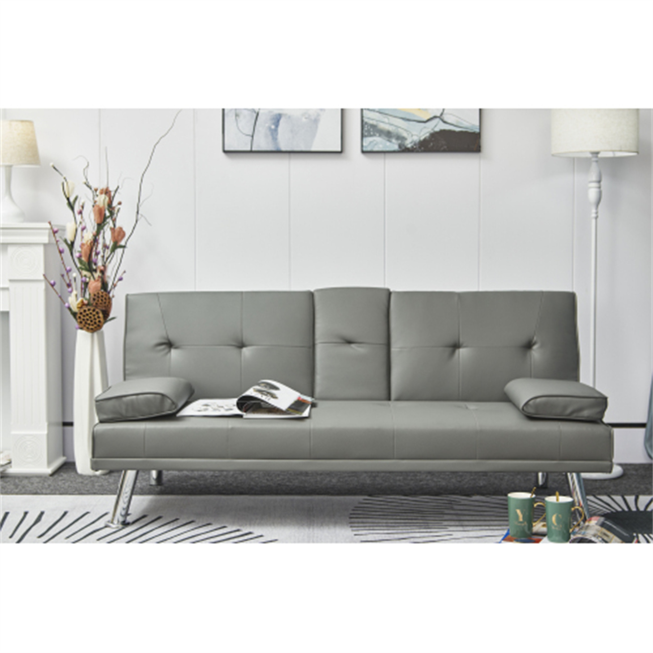 Adjustable Folding Sofa Bed with Removable Armrests, Multifunctional PU