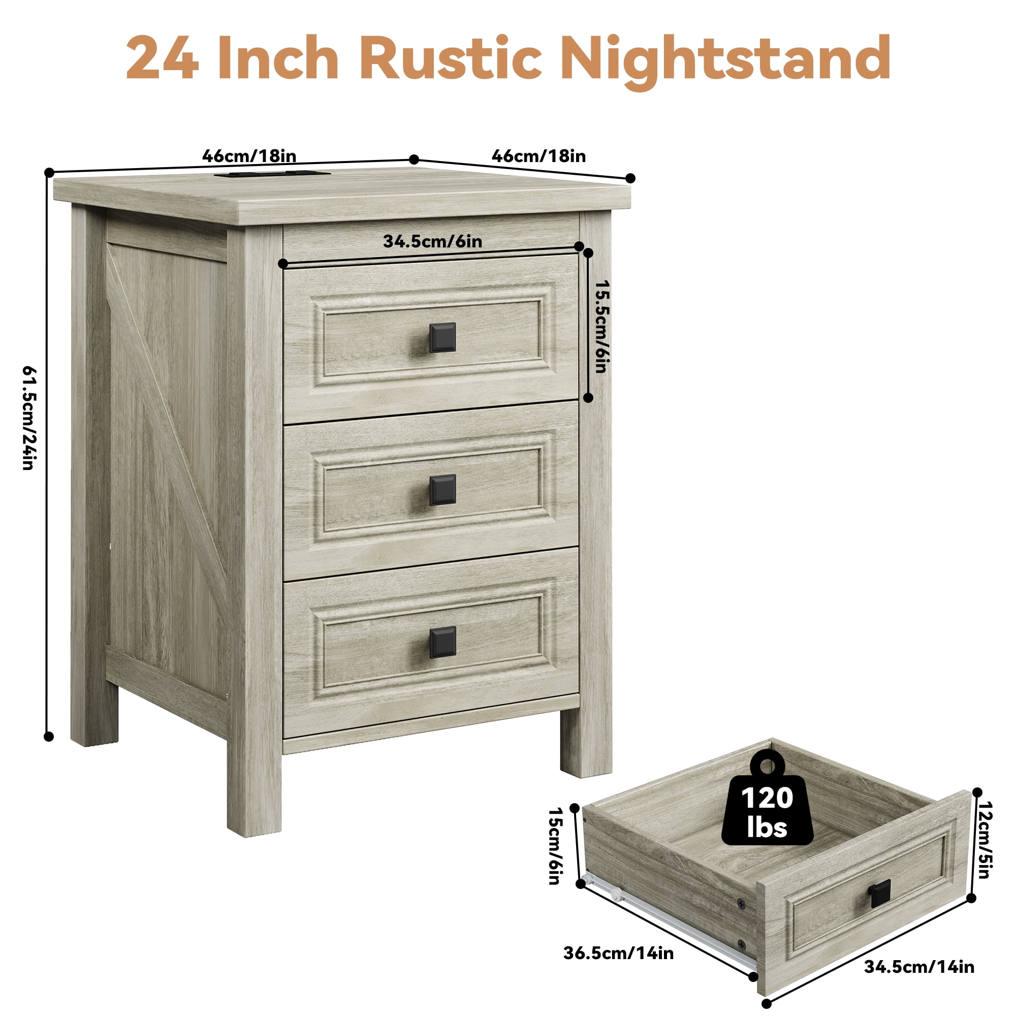 Nightstand, Bedside Table with Charging Station, Farmhouse 3 Drawer Nightstand Rustic Night Stand End Tables for Bedroom Living Room