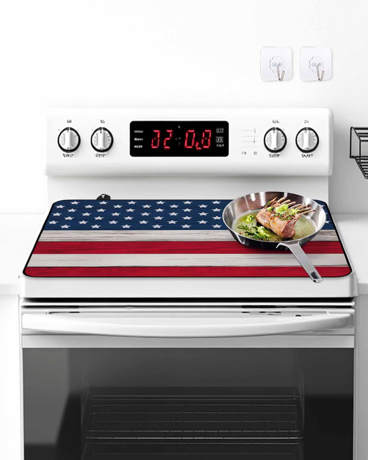 Stove Top Covers for Electric Stove, Wooden American Flag Glass Stovetop Cover Protector, Independence Day Star Striped Flag Induction Cooktop Protector Oven Mat for Kitchen Countertop 24"x21"