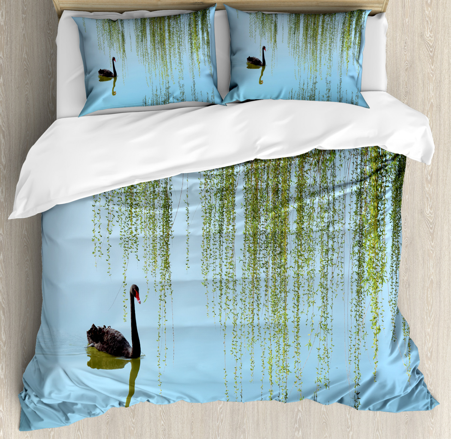 Willow Tree Duvet Cover Set Queen Size, Weeping Willow and Black Swan on the Lake in Spring Peaceful Scenery Theme, 3 Piece Bedding Set with 2 Pillow Shams, Multicolor, by Ambesonne - image 1 of 3