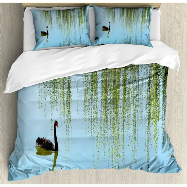 Willow Tree Duvet Cover Set Queen Size, Weeping Willow and Black Swan on the Lake in Spring Peaceful Scenery Theme, 3 Piece Bedding Set with 2 Pillow Shams, Multicolor, by Ambesonne