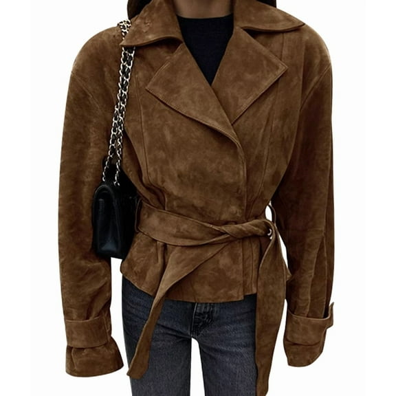 Women Faux Suede Leather Jacket Vintage Casual Cropped Wrap Coat with Belt Brown M
