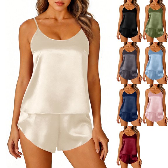 Womens Silky Satin Pajama Set 2 Piece Cami Tank Top and Shorts Soft Sleepwear Backless Loungewear Bridal Nightwear Pjs Outfits, Beige, L