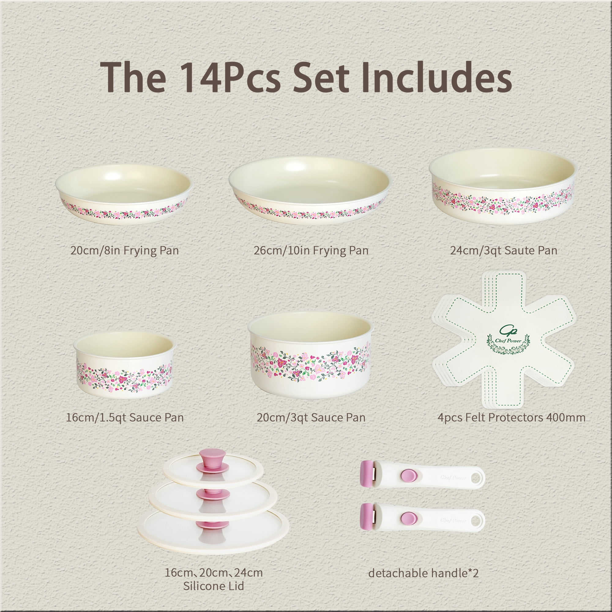 Chef Power 14pcs Nonstick Ceramic Cookware Set, Cream White Bougainvillea Print