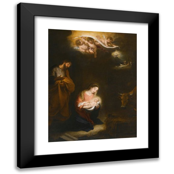 Bartolomé Estebán Murillo 12x14 Black Modern Framed Museum Art Print Titled - A Nocturnal Scene with the Nativity and the Annunciation to the Shepherds Beyond