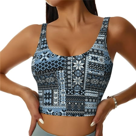 Qokaie Snowflake Vintage Pattern Pattern Womens Scoop Neck Sports Bra Breathable Workout Vest Padded U Back Medium Impact Fitness Gym Yoga Bra Workout Crop Top-X-Large