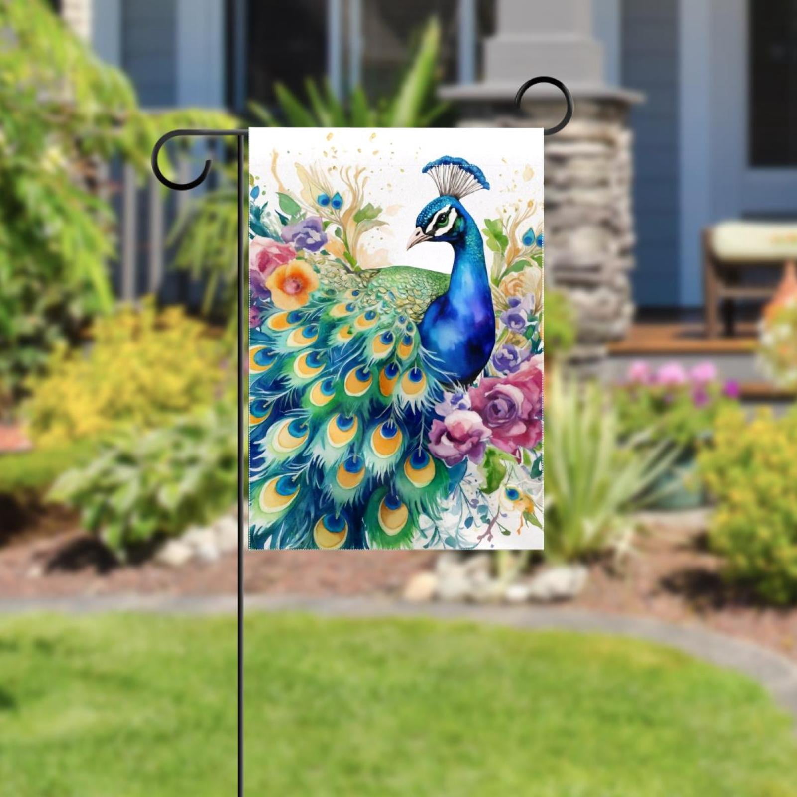 Watercolor Peacock with Flowers Double Sided Garden Flag Decorative Weather Resistant Yard Flag, Large DIY Vertical Flag for Farmhouse Patio Lawn, 28x40 Inch