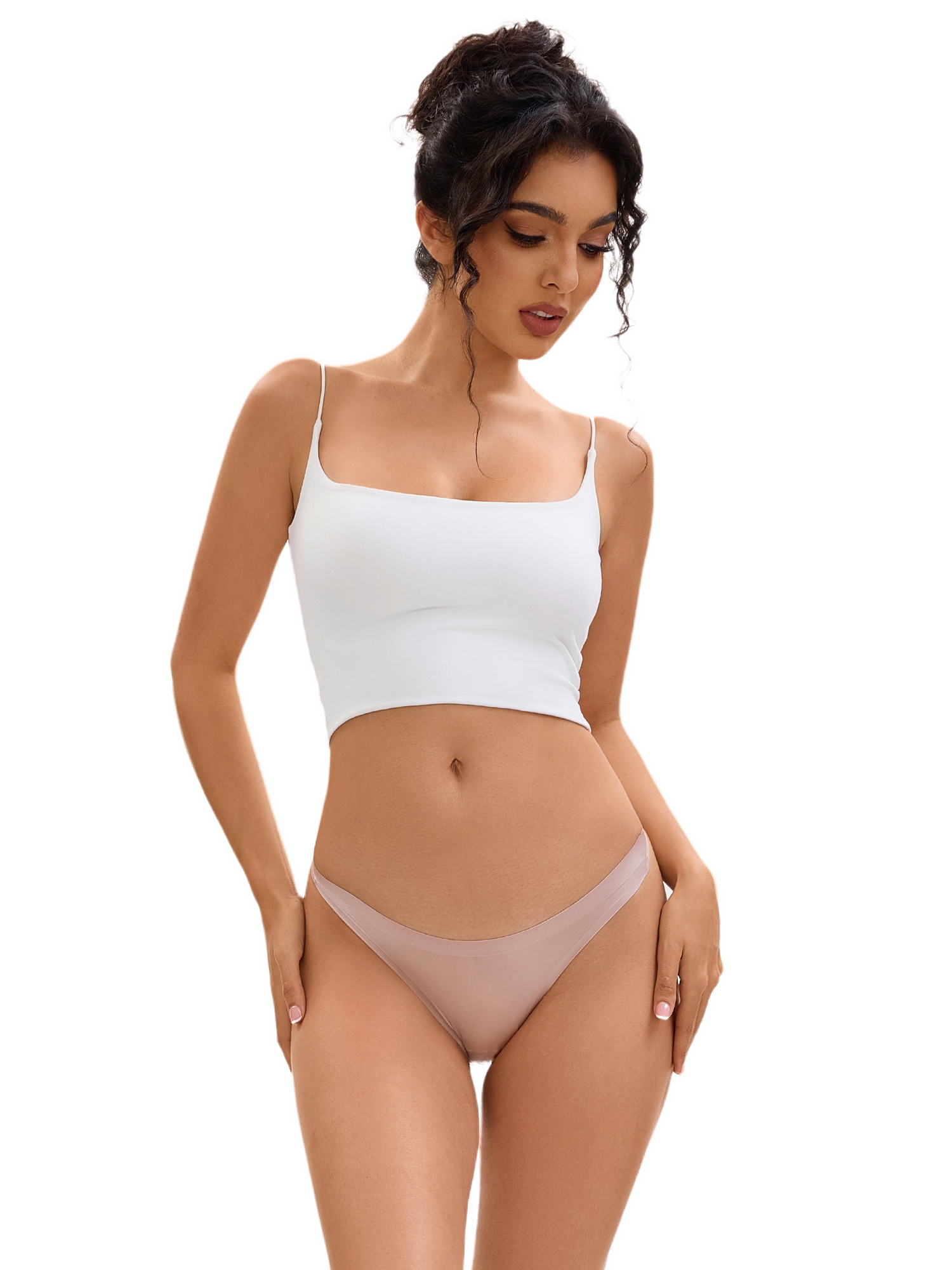 DARING DIVA Women's Satin Invisible Bikini Comfortable No-Show Thongs M Beige