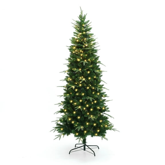 6Ft Pre-Lit Green Slim Artificial Christmas Tree with 8 Light Functions