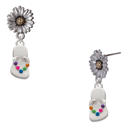Delight Jewelry Silver-tone Multicolored Flip Flop – Two-tone Daisy Flower Post Earrings